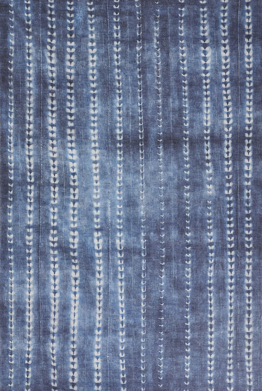 Blue denim-like fabric with vertical white dotted stripes and small leaf-shaped motifs.
