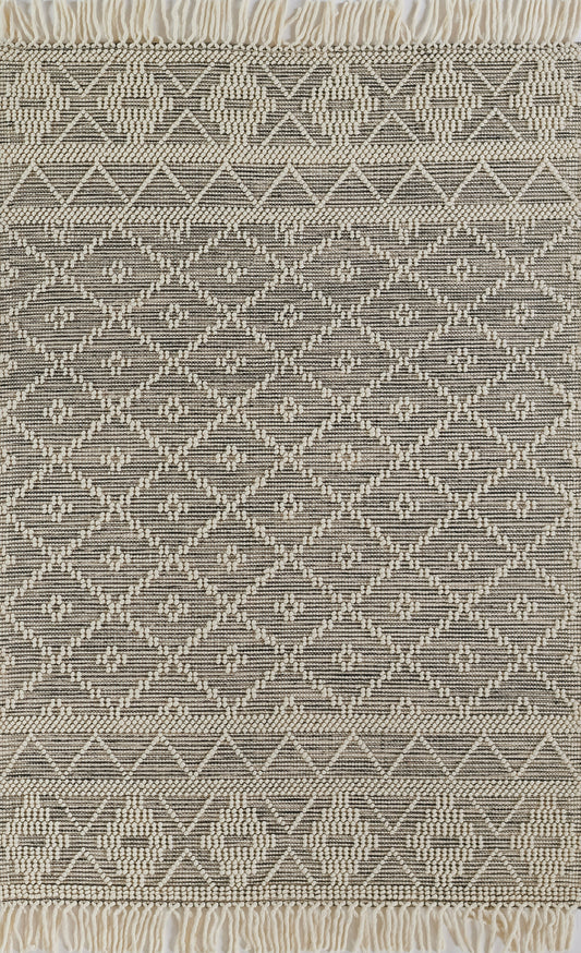 Natural beige and ivory flat-weave rug with diamond lattice pattern and fringed ends.