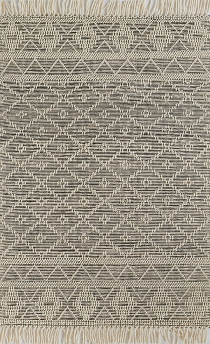 Neutral woven rug in cream and taupe with diamond lattice pattern and fringed ends; boho kilim style.