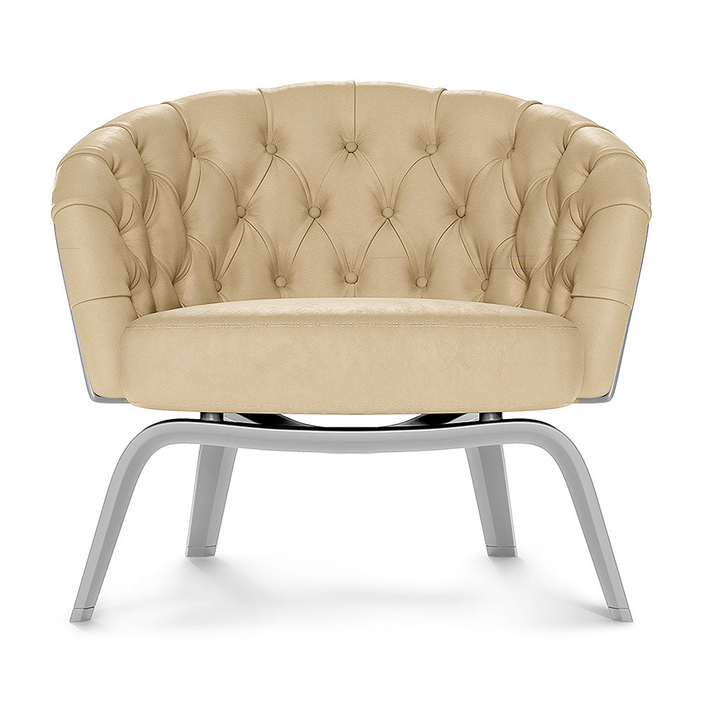 Taupe solid textured fabric accent chair with rounded arms and round cushioned seat on silver metal legs