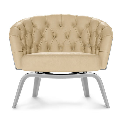 Taupe solid textured fabric accent chair with rounded arms and round cushioned seat on silver metal legs