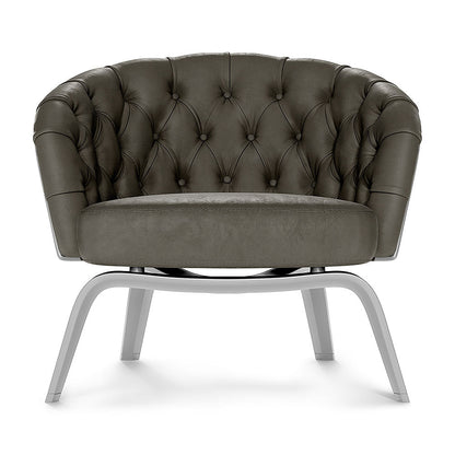 Brown textured fabric lounge chair with curved arms and sleek metal legs.