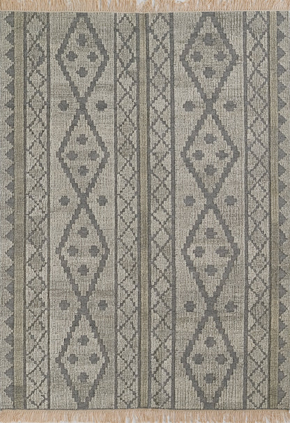 Gray and beige geometric striped rug with diamond medallions, lattice borders and fringed ends.