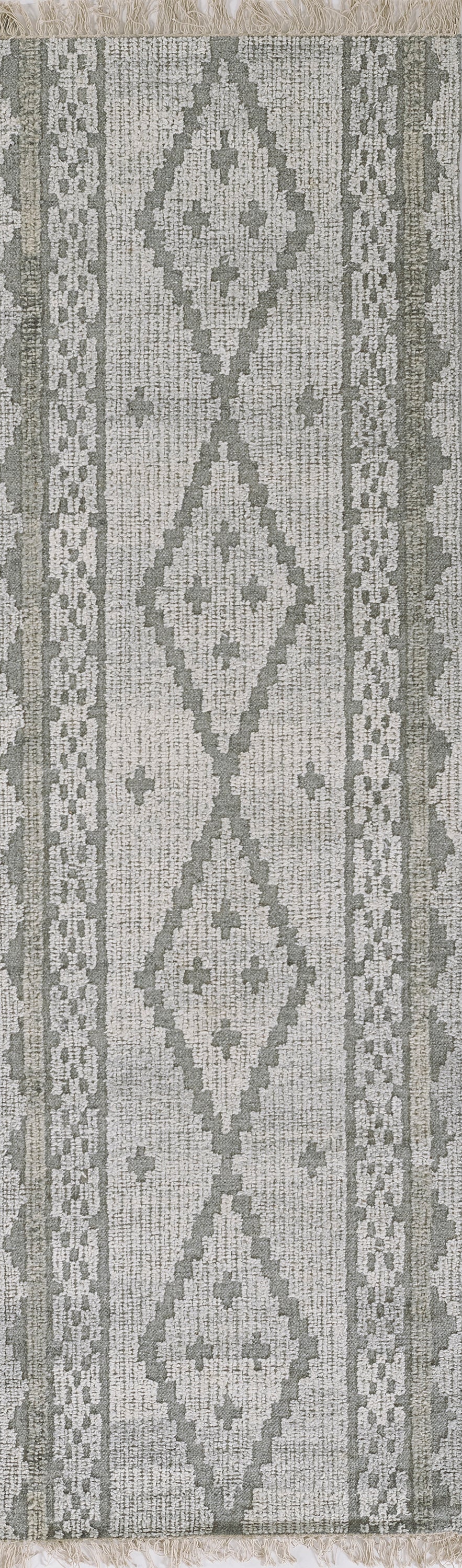 Gray geometric rug with large diamond medallions, subtle borders, woven texture, and fringed ends, 3'6" x 5'6