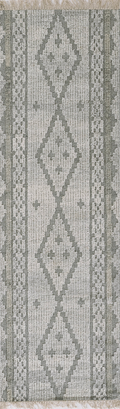 Gray geometric rug with large diamond medallions, subtle borders, woven texture, and fringed ends, 3'6" x 5'6