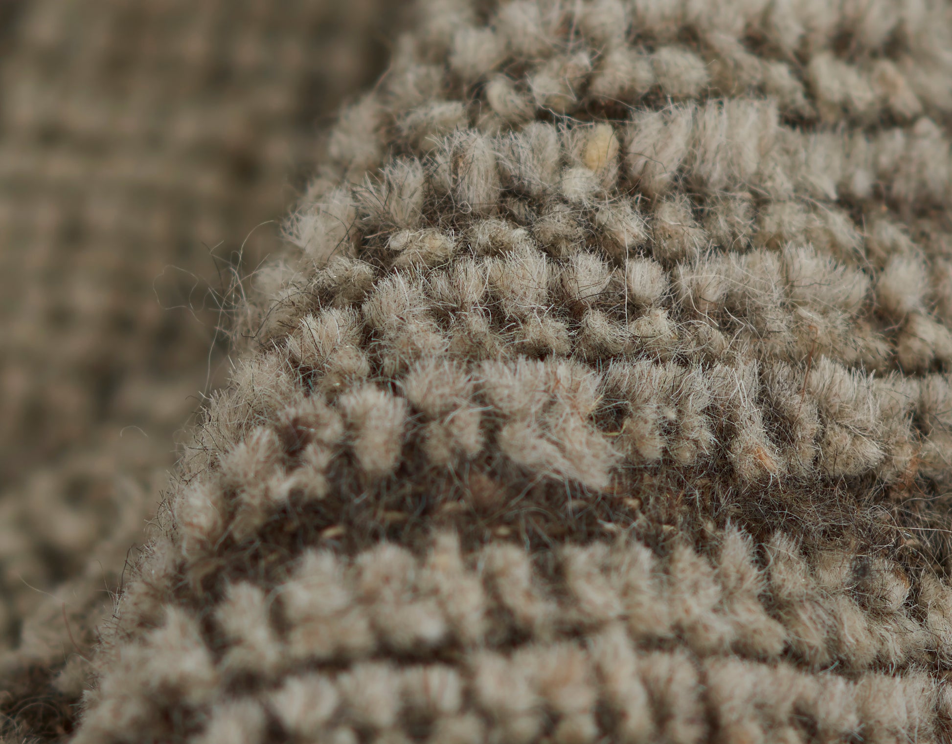 Close-up of natural beige wool rug texture with tight loop pile; soft, plush, rustic style.