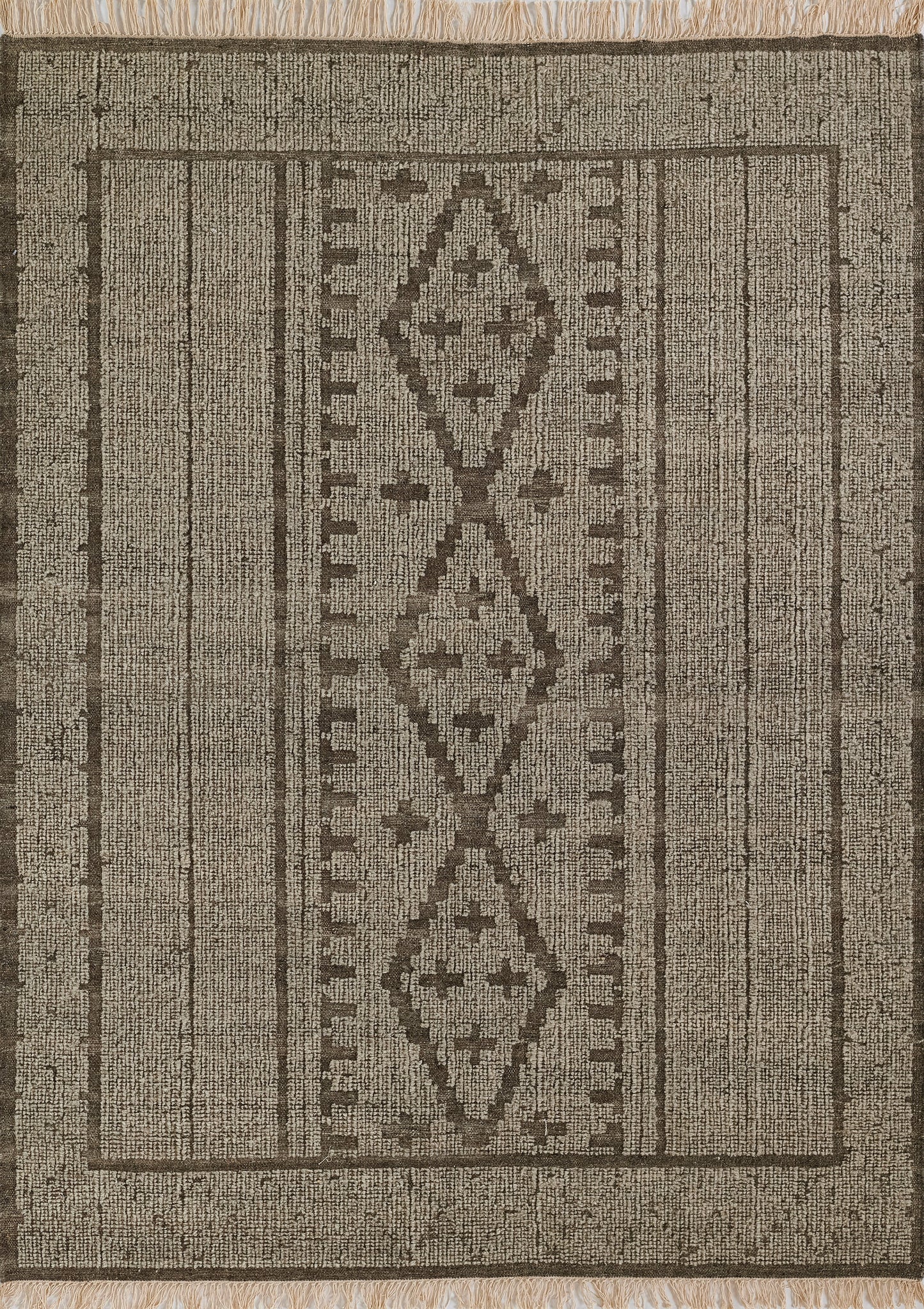 Natural beige flat-weave rug with dark brown triple-diamond motif, bordered by stripes and fringe at ends