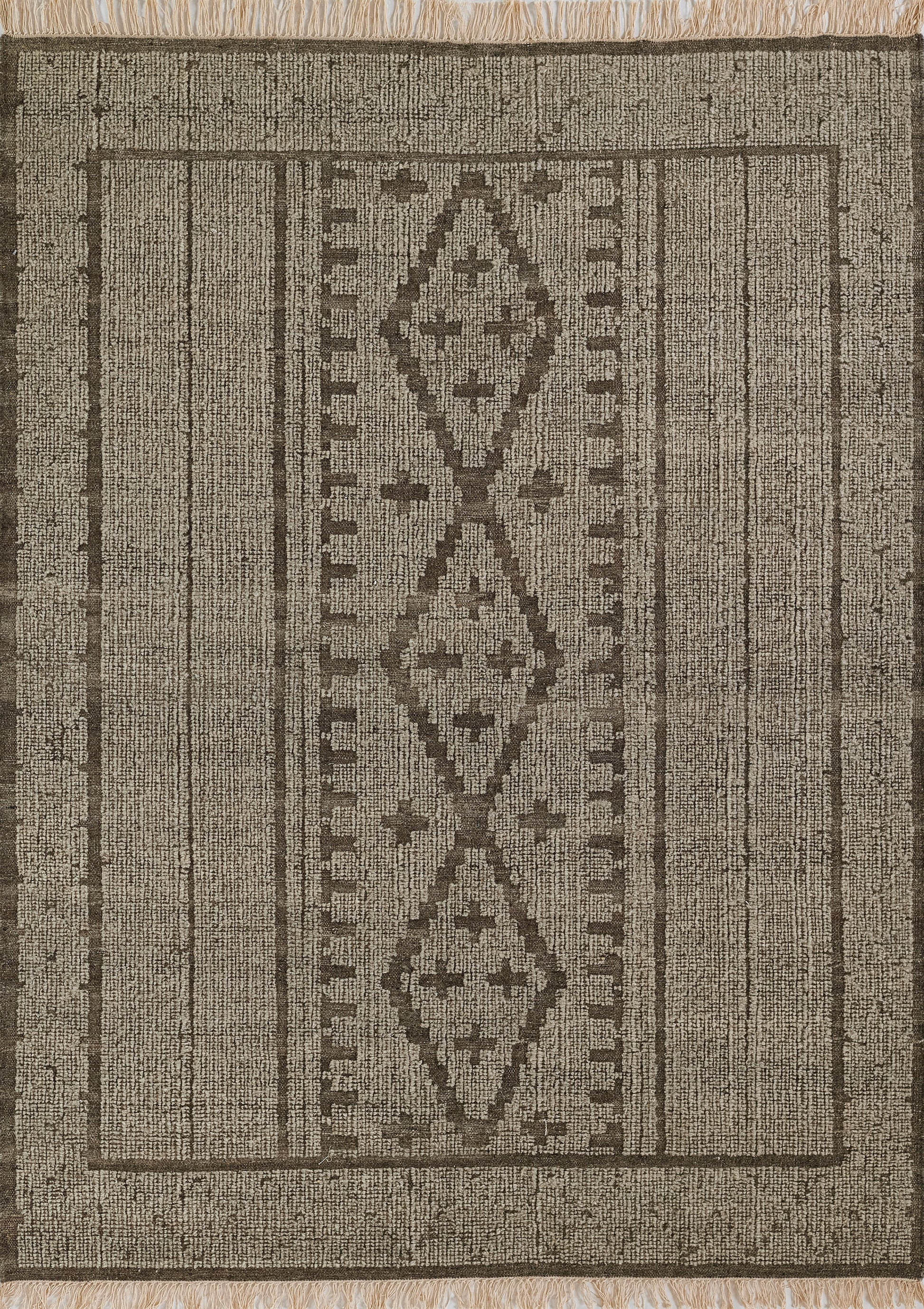 Natural brown rug with a vertical row of three diamond medallions, bordered by striped frame & beige fringe.