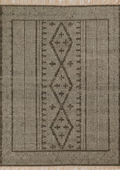 Natural brown rug with a vertical row of three diamond medallions, bordered by striped frame & beige fringe.