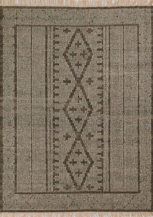 Beige and dark brown geometric rug with a vertical row of three diamond medallions, bordered by stripes and fringed ends.