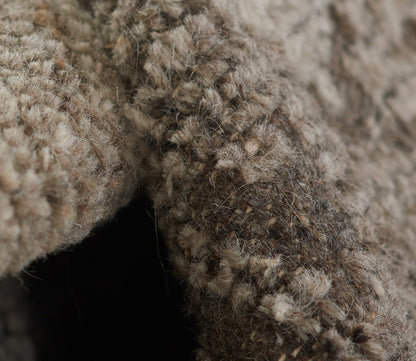 Close-up of a beige-brown shaggy rug texture with plush, fluffy fibers and natural, variegated tones.
