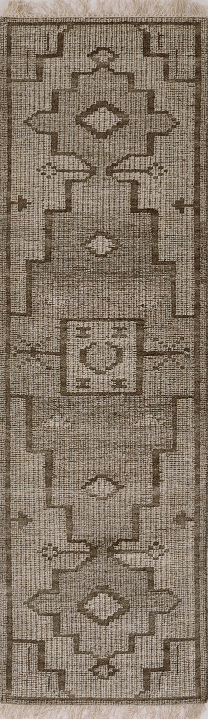 Beige-brown kilim-style rug runner with geometric motifs, central diamond medallions, bordered edges & fringe.