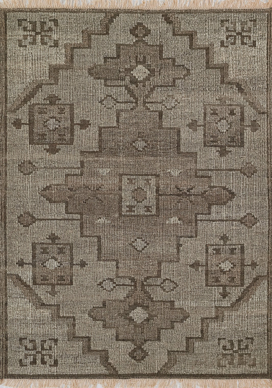 Brown and beige oriental rug with stepped geometric central medallion, floral motifs at corners, fringed ends.