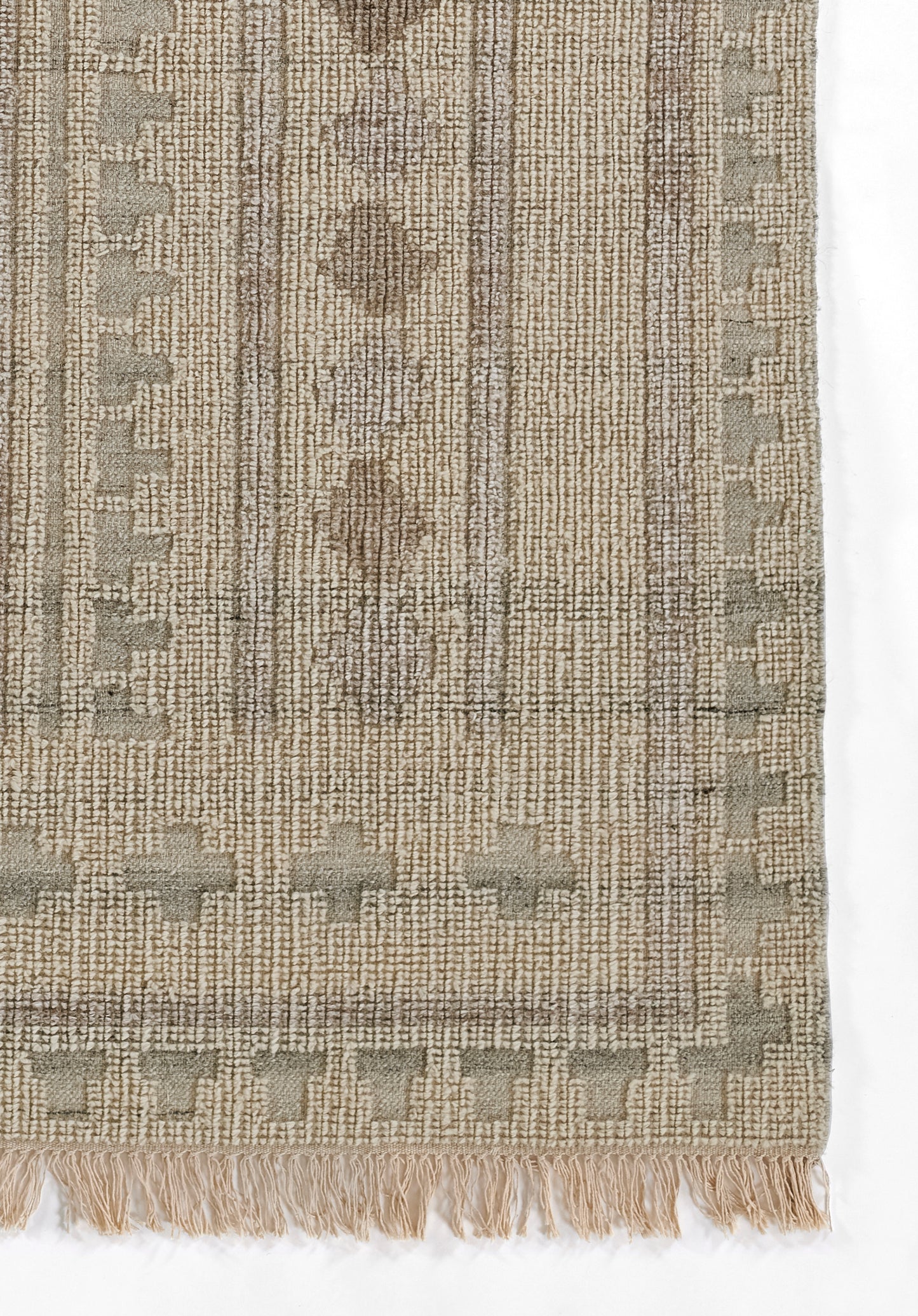 Beige and taupe woven rug with diamond and cross motifs, vertical stripe pattern and fringed edge.