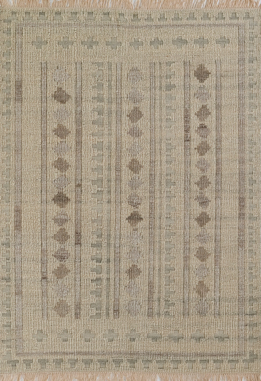 Beige woven rug with taupe vertical stripes and dotted heart motifs; fringed border for a rustic geometric look.