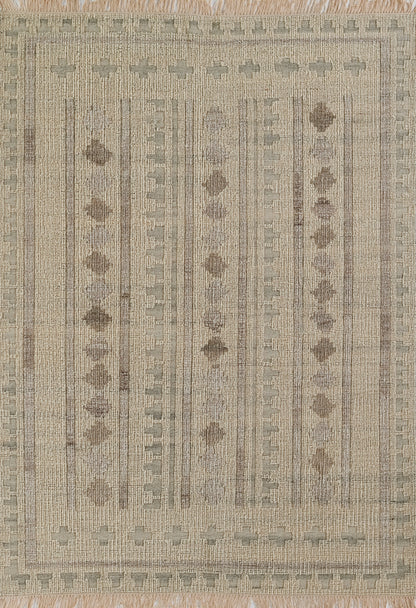 Beige and taupe woven rug with vertical stripes, heart motifs, geometric border and fringed ends.