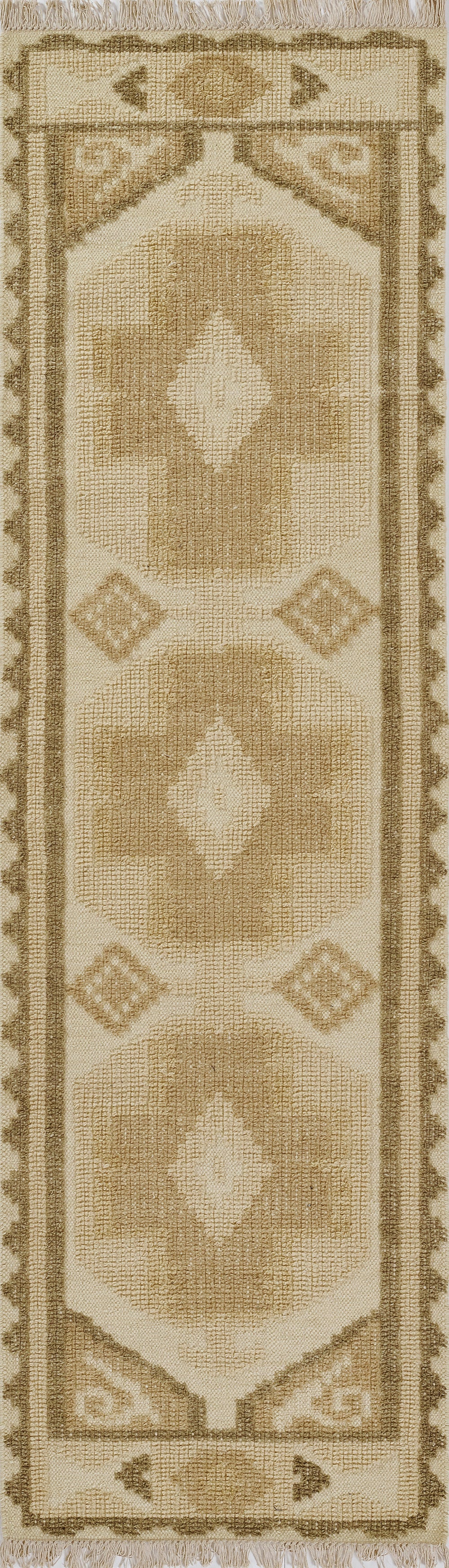 Natural beige and brown woven runner rug with three diamond medallions, geometric border, and fringed ends.