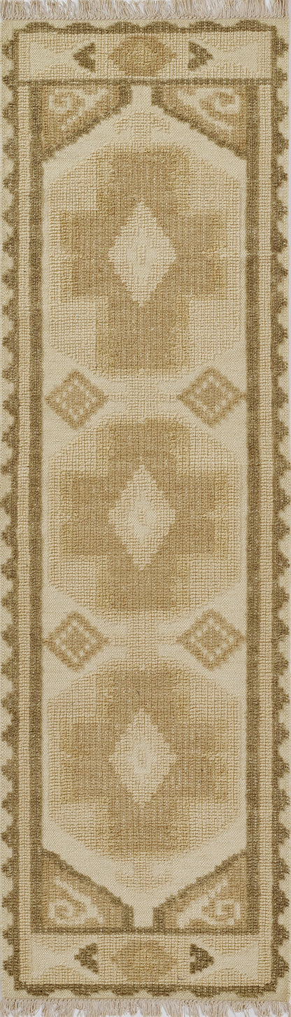 Natural beige and brown woven runner rug with three diamond medallions, geometric border, and fringed ends.