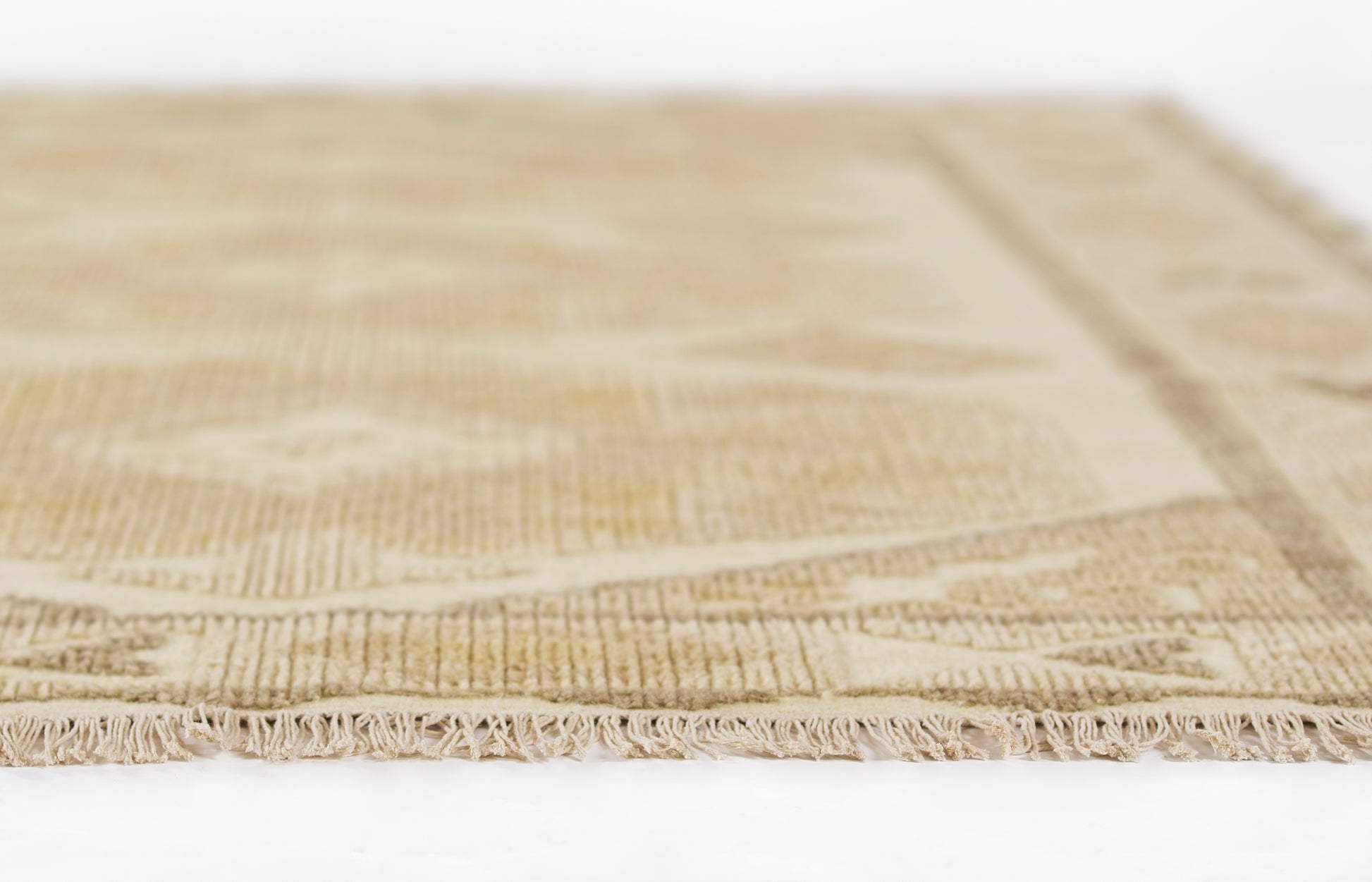 Natural beige flatweave rug with fringed edges; subtle geometric pattern, casual coastal style.