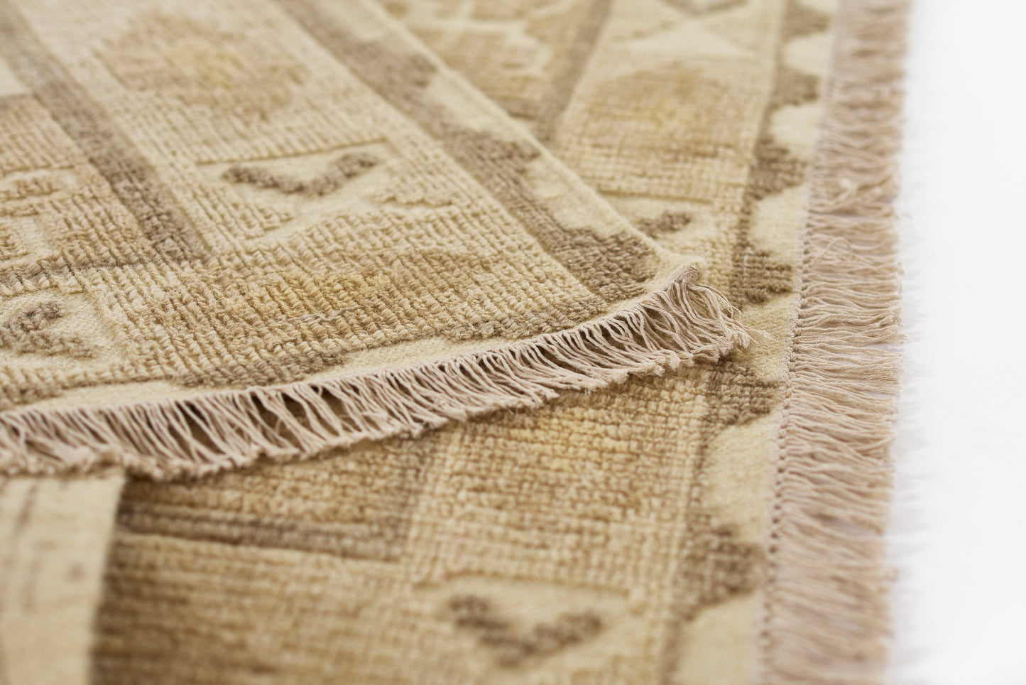 Natural beige rug with geometric patterns and long fringed edges; soft wool texture.