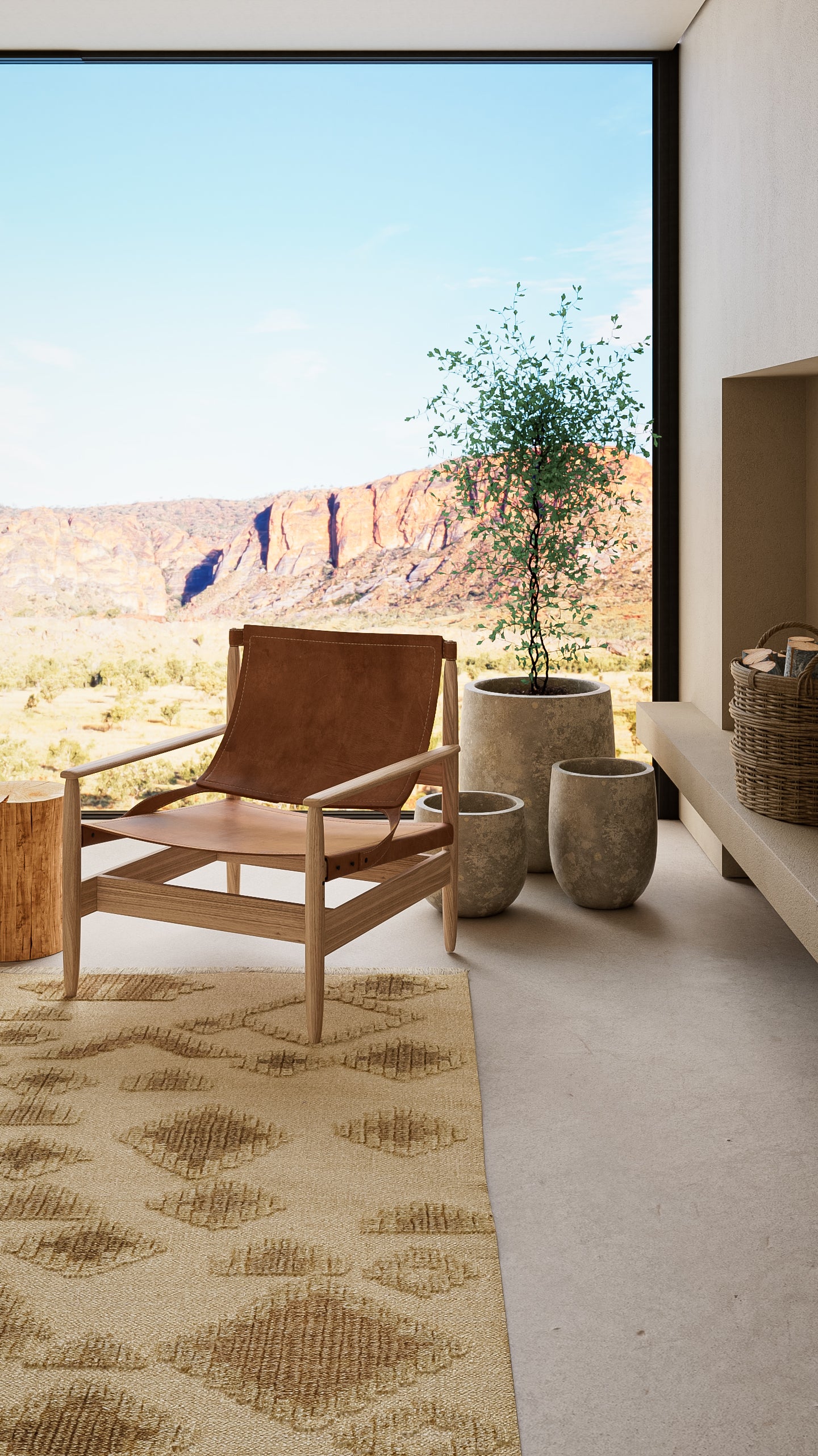 Beige patterned rug on the floor, with a natural wood lounge chair, tan leather sling, and concrete planters nearby.