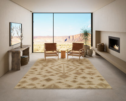 Rectangular natural beige geometric area rug in a modern living room with leather chairs and a fireplace.