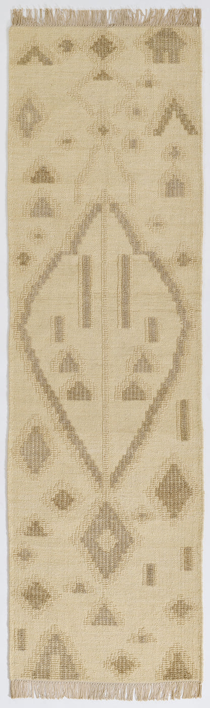 Natural fiber beige woven runner rug with taupe geometric diamond motifs and fringed ends.