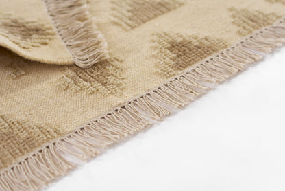 Beige woven area rug with cream fringe along edge; textured geometric pattern, natural fiber look.