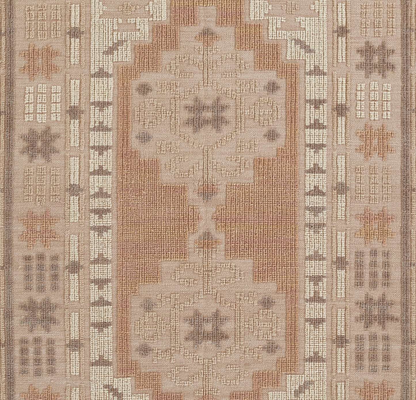 Traditional oriental rug with cream central medallions on rust field and taupe beige borders.