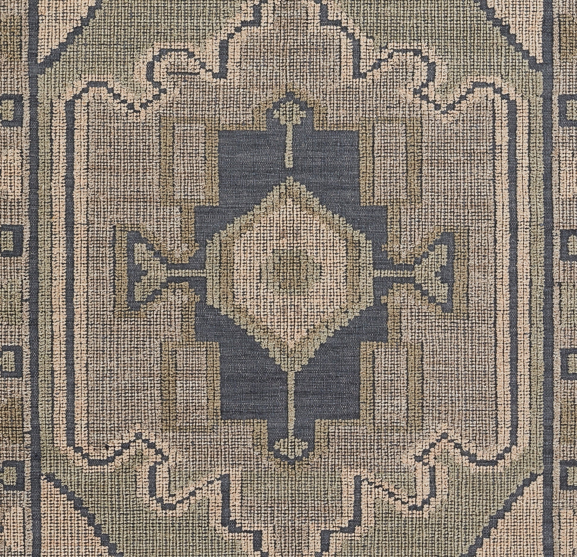 Navy blue and beige geometric kilim rug with central diamond medallion and stepped borders.