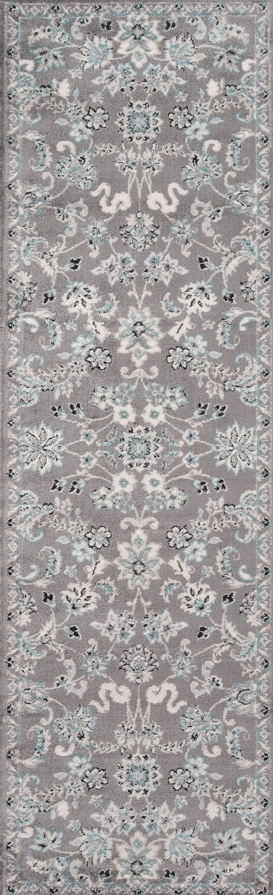 Gray rectangular area rug with blue and ivory damask floral pattern.