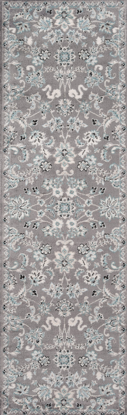 Gray rectangular area rug with blue and ivory damask floral pattern.