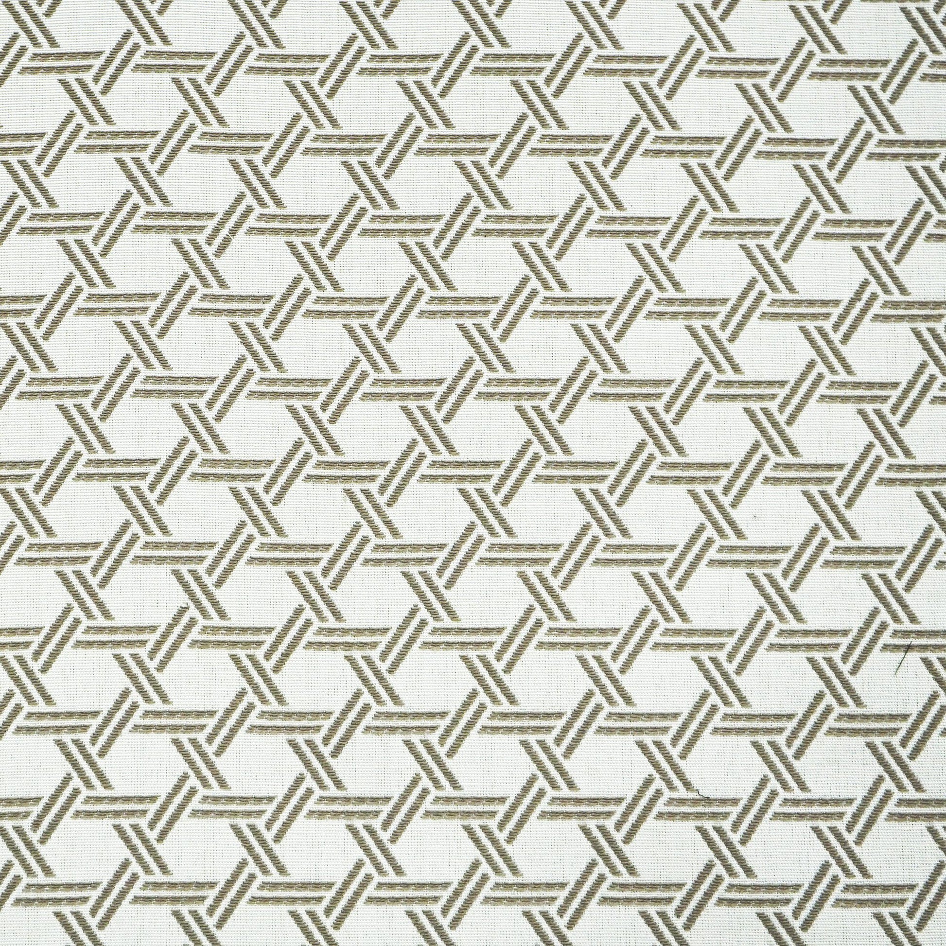 Beige fabric with a repeating brown interlocking lattice pattern of triangles forming a hex-like motif.
