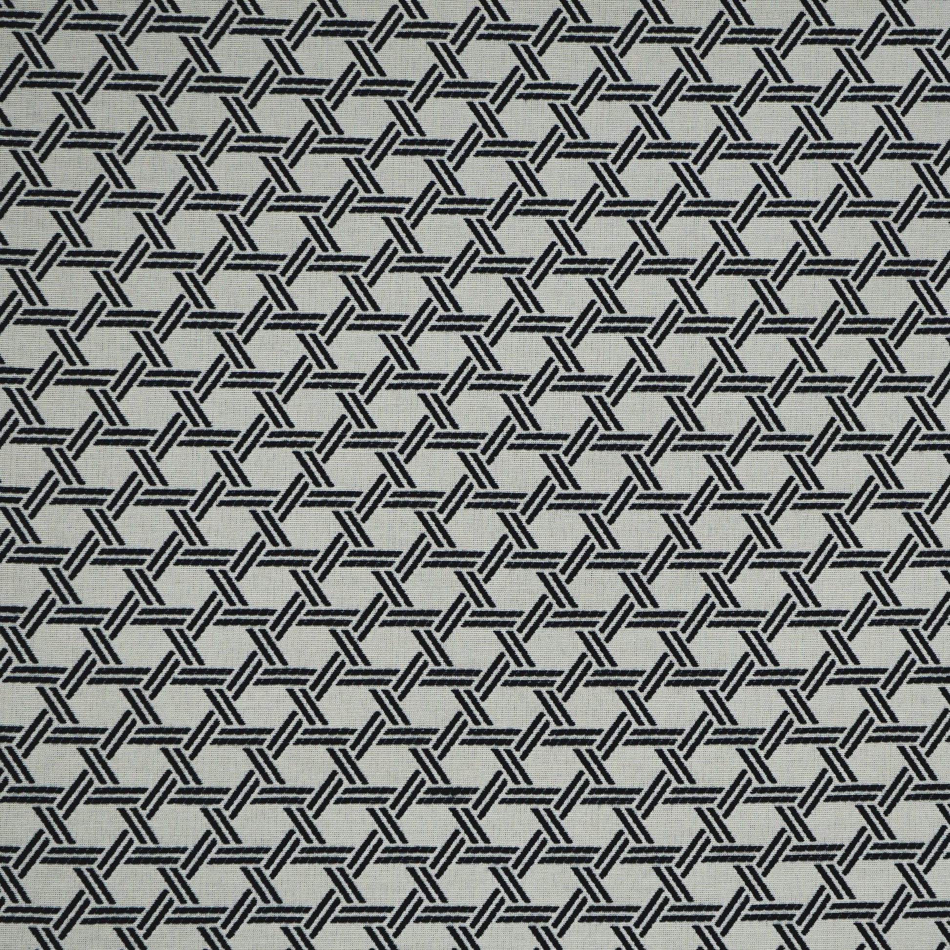 Blue geometric jacquard fabric with an interlocking hex motif and a tight basket-weave texture.
