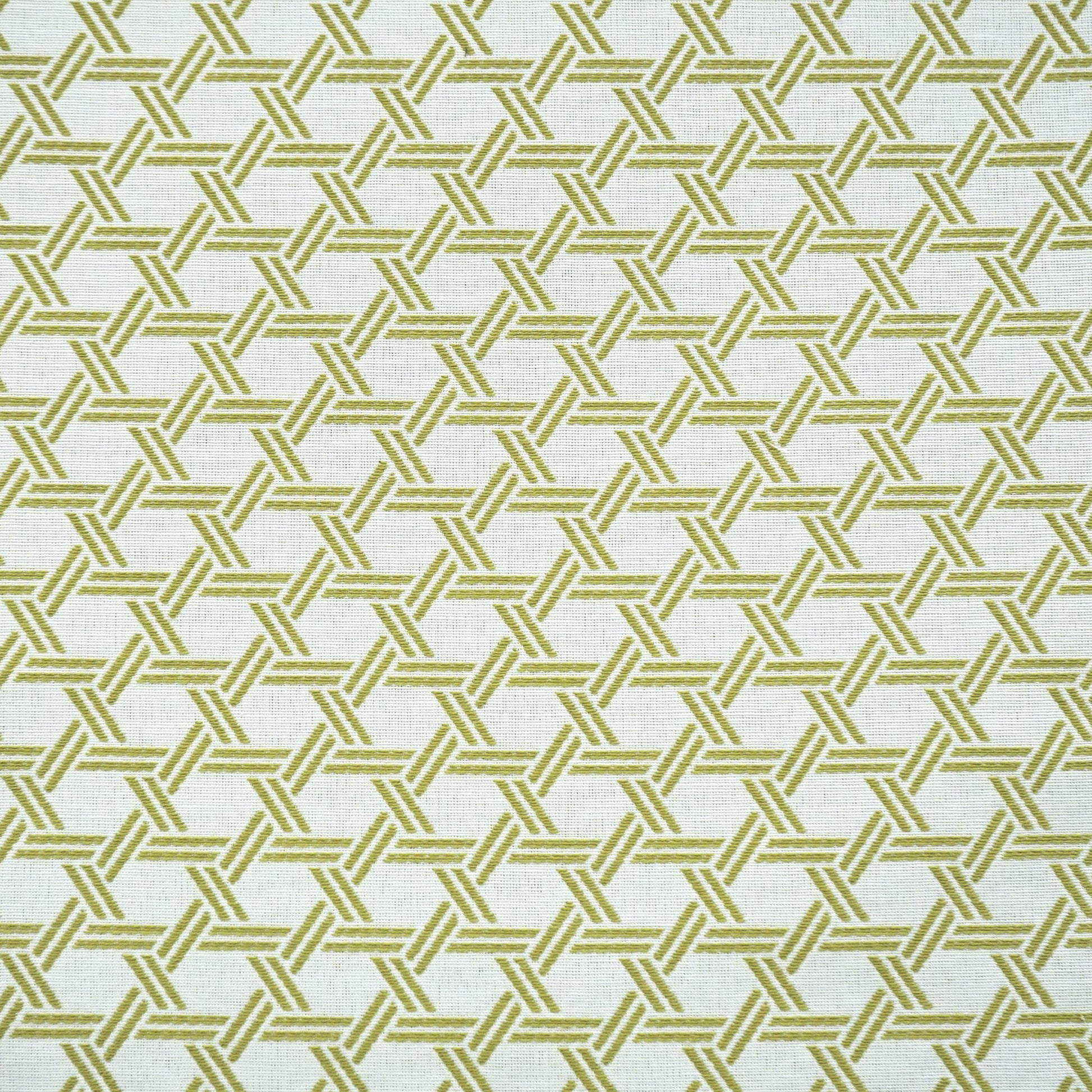 Khaki-green fabric with cream interlocking line lattice; geometric textile for upholstery or drapery.