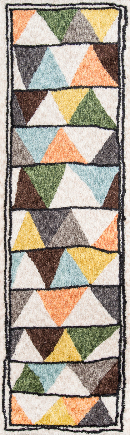 Geometric triangle-patterned area rug in cream, orange, green, blue and yellow with a black border.
