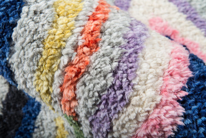 Multicolored shaggy plush rug with pastel stripes in blue, purple, pink, cream, yellow and orange.