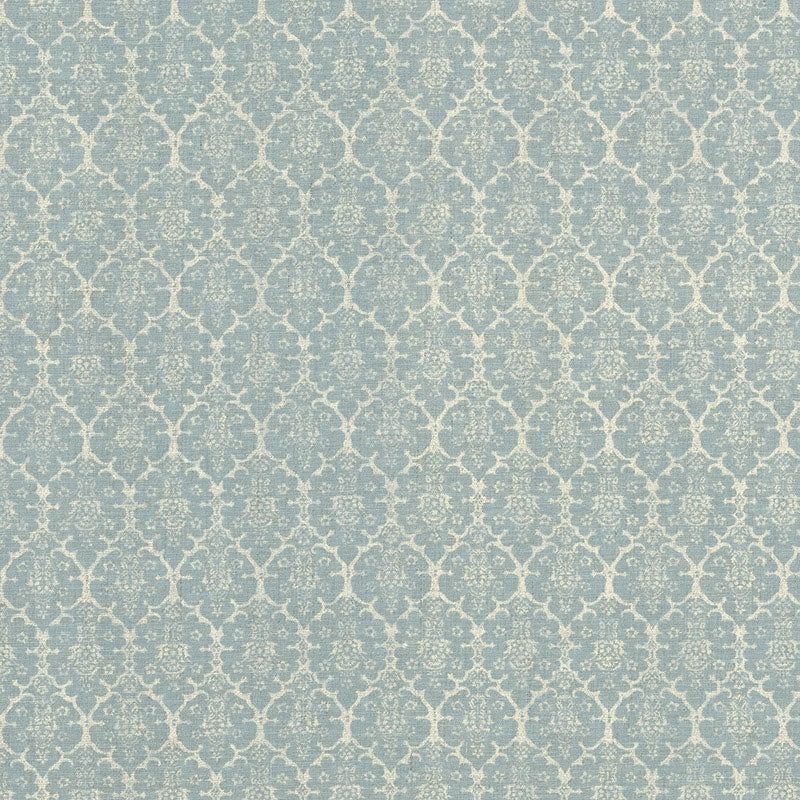Blue-gray damask wallpaper with cream ornate motifs; vintage-style wall pattern.