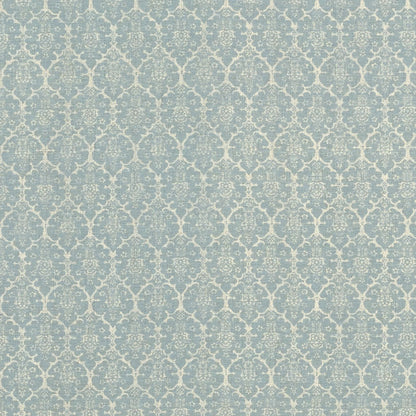 Blue-gray damask wallpaper with cream ornate motifs; vintage-style wall pattern.