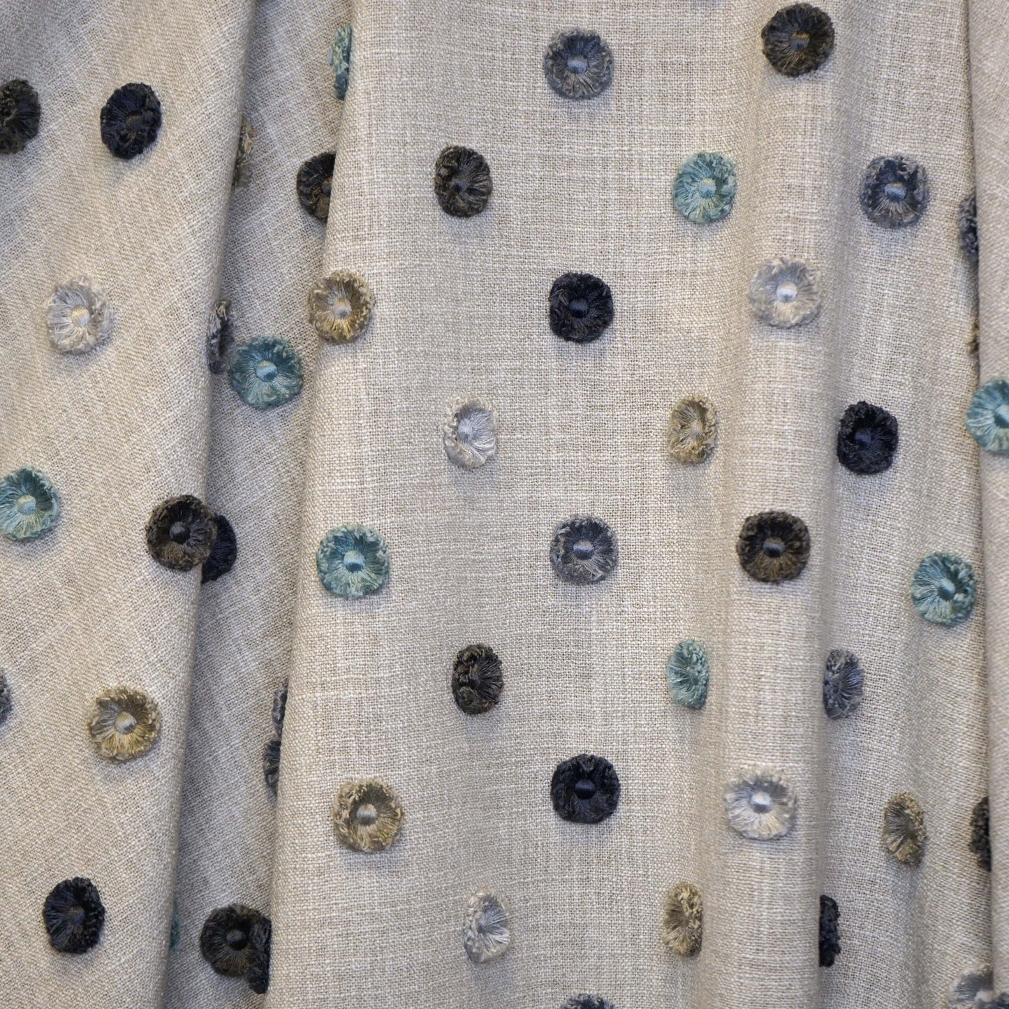 JF Fabrics BUTTONS 66 Fabric Dot, Traditional, Transitional Blue, Taupe  Embroidery - 9012866 J9161