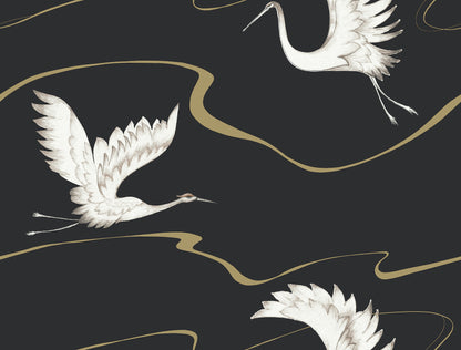 York Wallcoverings Black and White, III Soaring Cranes Black and Gold Wallpaper  Animals Blacks  Wallpaper - BW3871