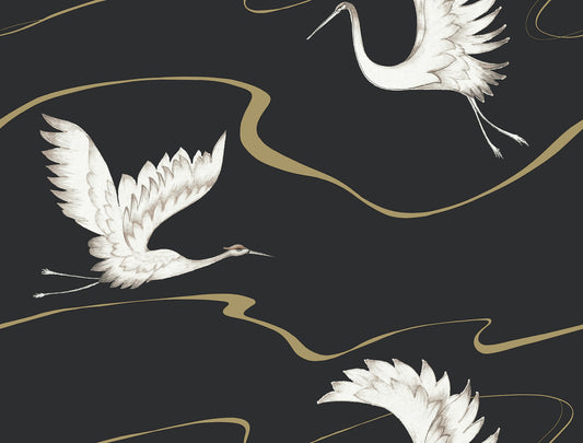 York Wallcoverings Black and White, III Soaring Cranes Black and Gold Wallpaper  Animals Blacks  Wallpaper - BW3871
