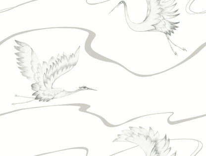 York Wallcoverings Black and White, III Soaring Cranes White and Silver Wallpaper  Animals Whites and Off-Whites  Wallpaper - BW3873
