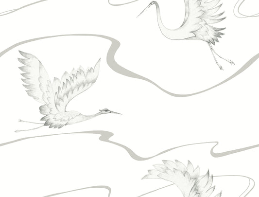 York Wallcoverings Black and White, III Soaring Cranes White and Silver Wallpaper  Animals Whites and Off-Whites  Wallpaper - BW3873