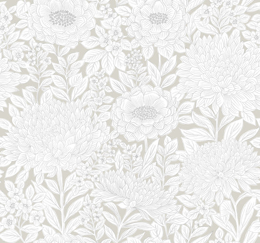 York Wallcoverings Black and White Resource Library Wood Block Blooms Taupe and Silver Wallpaper  Florals and Flowers Neutrals  Wallpaper - BW3922