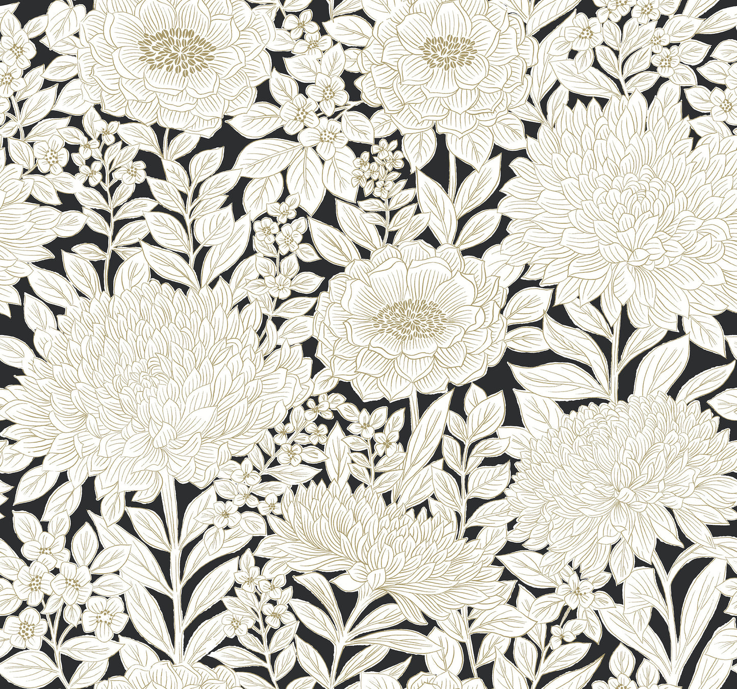 York Wallcoverings Black and White Resource Library Wood Block Blooms Black and Gold Wallpaper  Florals and Flowers Blacks  Wallpaper - BW3923