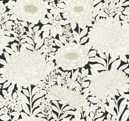 York Wallcoverings Black and White Resource Library Wood Block Blooms Black and Gold Wallpaper  Florals and Flowers Blacks  Wallpaper - BW3923