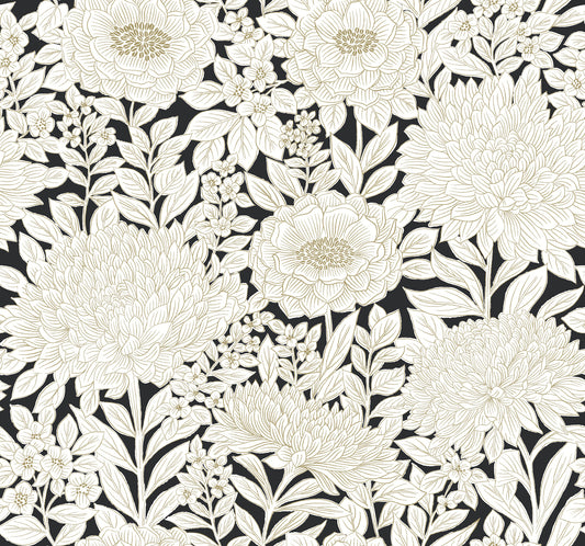 York Wallcoverings Black and White Resource Library Wood Block Blooms Black and Gold Wallpaper  Florals and Flowers Blacks  Wallpaper - BW3923