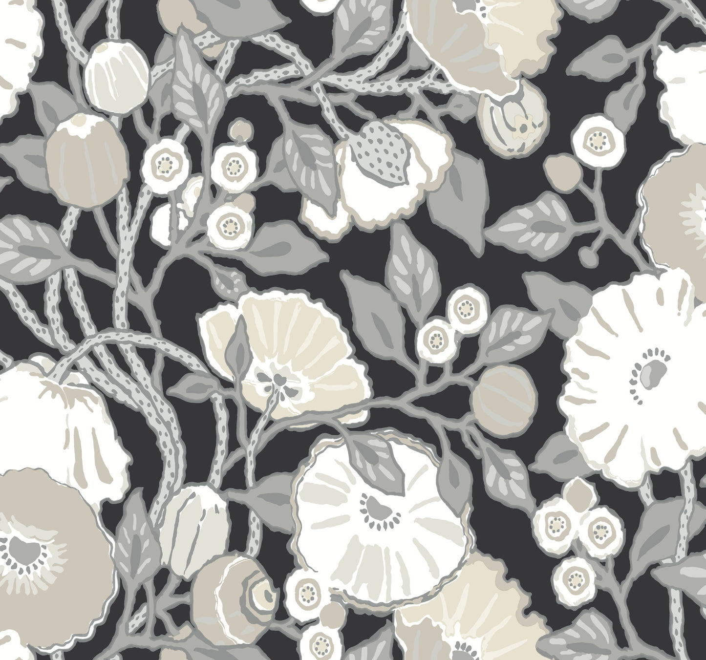 York Wallcoverings Black and White Resource Library Vincent Poppies Black and Cream Wallpaper  Florals and Flowers Blacks  Wallpaper - BW3981