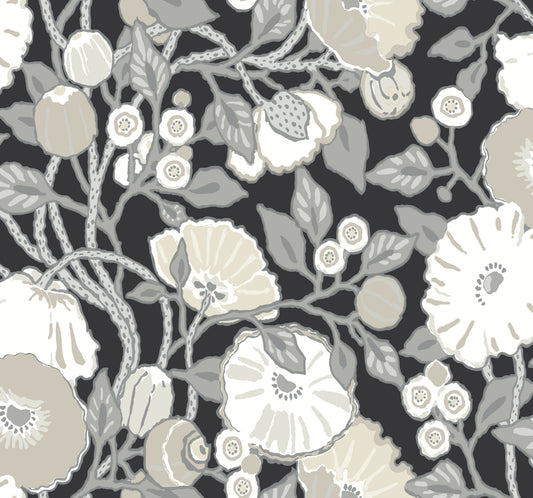York Wallcoverings Black and White Resource Library Vincent Poppies Black and Cream Wallpaper  Florals and Flowers Blacks  Wallpaper - BW3981